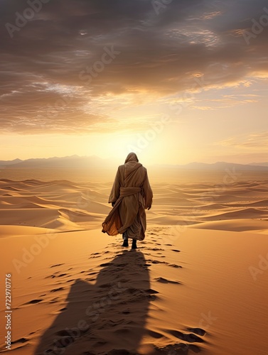 a Muslim man wearing a robe walking on the vast desert seen from behind, Afternoon, Sunset Light - generative ai