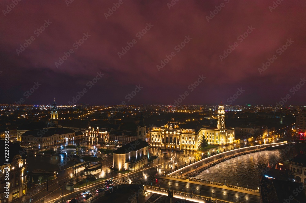 Midnight Majesty: A Captivating Aerial View of Oradea, Romanias Sparkling Cityscape at Night
