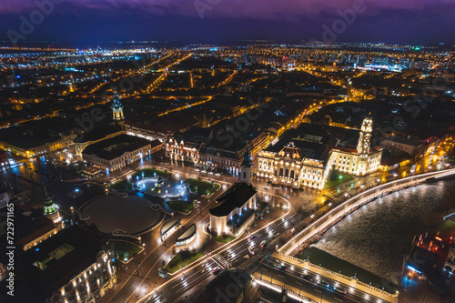 Luminescence Unveiled  Captivating Aerial Glimpse of Oradea  Romanias Night-Time Splendor