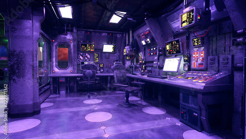 Fantasy future space station control room full of computer equipment. 3D rendering.