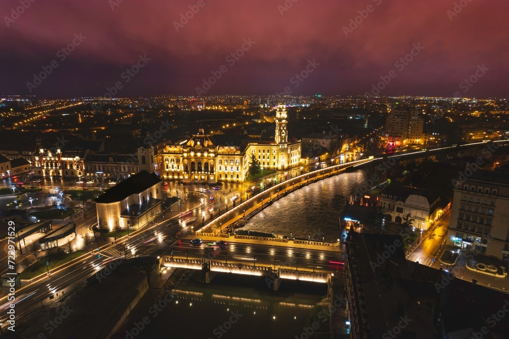 Illuminated Tapestry: A Captivating Night Aerial View of Oradea, Bihor, Romania