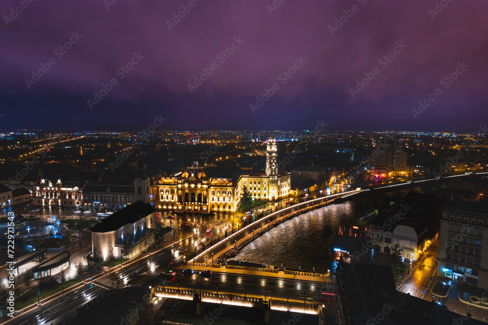 Luminous Tapestry: Captivating Oradea, Romania, Embraces the Night From a Soaring Perspective