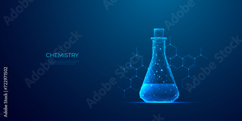 Abstract chemistry laboratory tube. Low poly lab research, medical beaker on blue technology background with chemical formula. Digital futuristic polygonal vector illustration with 3D hologram effect.