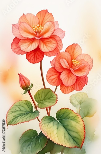 Realistic watercolor illustration of begonia flowers. Colorful  tender plant with big petals and buds in pink and orange  isolated on white