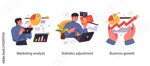 Business Concept illustrations. Scenes with men and women taking part in business activities. Vector illustration