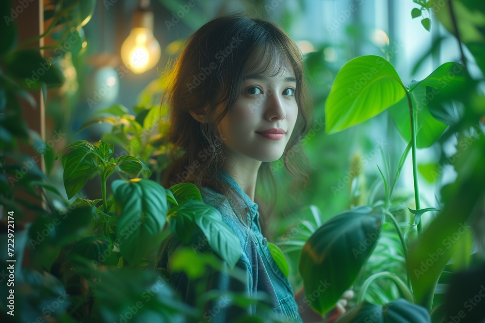 Portrait of a female gardener of Asian appearance surrounded by tropical plants in a greenhouse, the concept of home gardening and growing indoor plants