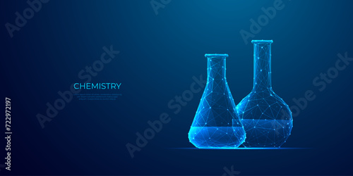 Abstract 3D chemistry lab tube. Science, medical, education concepts. Chemical beaker and flask. Laboratory signs. Digital technology futuristic style. Polygonal vector illustration on blue background photo