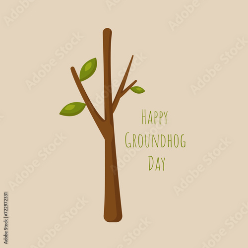 Happy Groundhog Day banner. Illustration with a young tree and new leaves