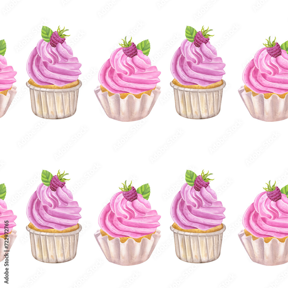 Seamless pattern cupcake pink sweet cream. Muffin, raspberry, mint. Food clipart. Valentine's Day. Hand drawn watercolor illustration on white background. Backdrop wallpaper for textiles, packaging Seamless pattern cupcake pink sweet cream. Muffin, raspberry, mint. Food clipart. Valentine's Day. Hand drawn watercolor illustration on white background. Backdrop wallpaper for textiles, packaging