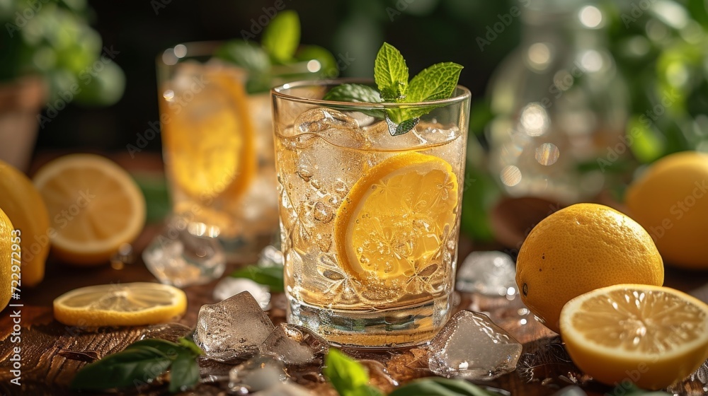 glass of lemonade with icecubes well decorated product photo