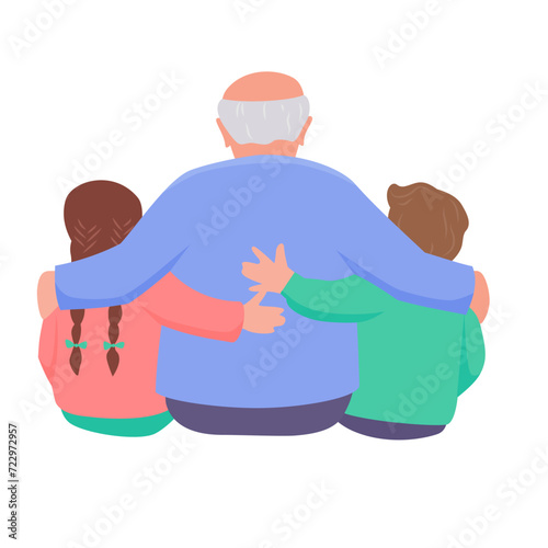 Grandfather is hugging a granddaughter and grandson. Back view. Vector isolated color illustration.	