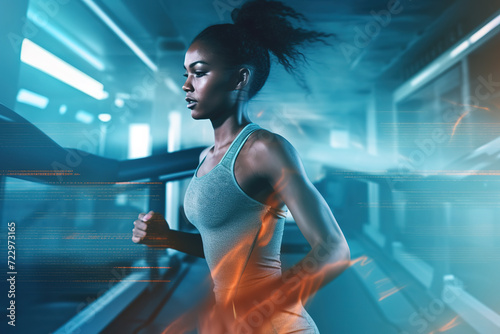 African American athlete jogging on treadmill during her sports training in a gym.