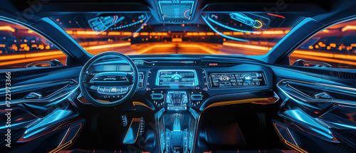 autonomous minimalistic futuristic car dashboard concept with HUD and hologram screens and infotainment system