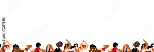 Banner,Leaflet with place for text,white background.Beautiful Women with Different Beauty,Hair,Skin Color.Party,Dances.Different Races,Nations.Diversity.The Femininity Concept.Vector flat Illustration