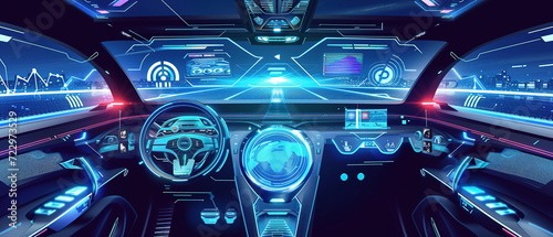 autonomous minimalistic futuristic car dashboard concept with HUD and hologram screens and infotainment system © Uwe
