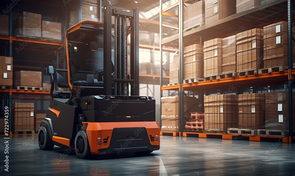 Forklift doing storage in warehouse by artificial intelligence automation. Robotics applied to industrial logistics. Generative Ai