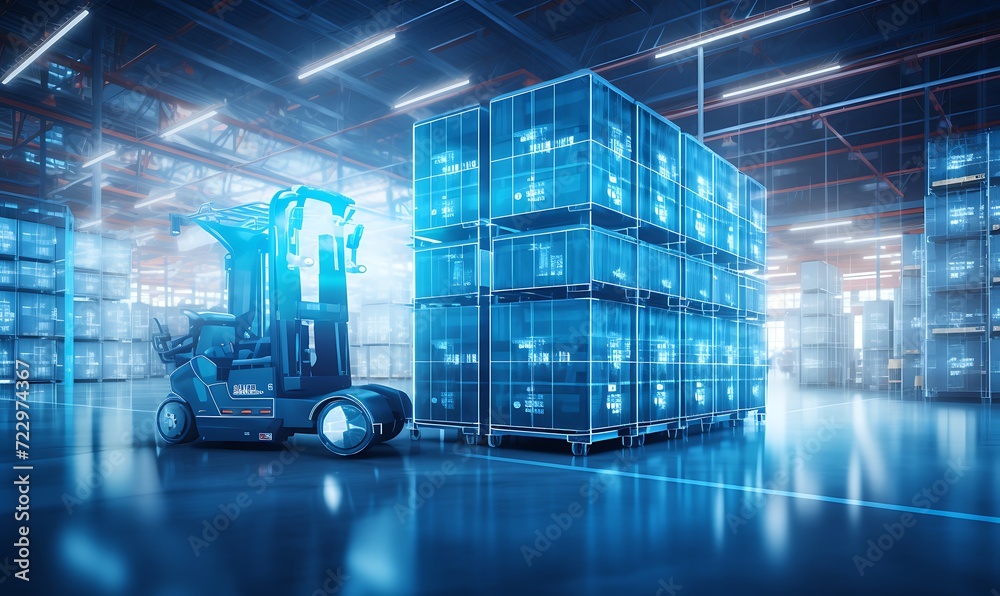 custom made wallpaper toronto digitalForklift doing storage in warehouse by artificial intelligence automation. Robotics applied to industrial logistics. Generative Ai
