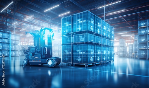 Wallpaper Mural Forklift doing storage in warehouse by artificial intelligence automation. Robotics applied to industrial logistics. Generative Ai Torontodigital.ca