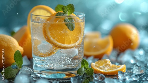 glass of lemonade with icecubes well decorated product photo