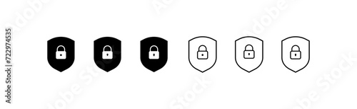 Key lock inside the shield icon set. Linear style. Vector icons