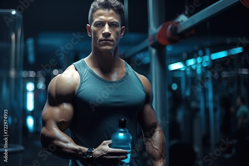 Portrait of muscular sporty man resting after exercise and holding protein shake in the gym.