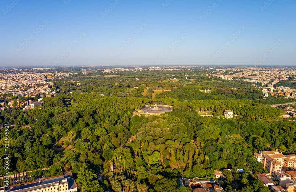 Rome, Italy. Janiculum - Famous ancient hilltop terrace with panoramic views of Rome. Panorama of the city on a summer morning. Aerial view