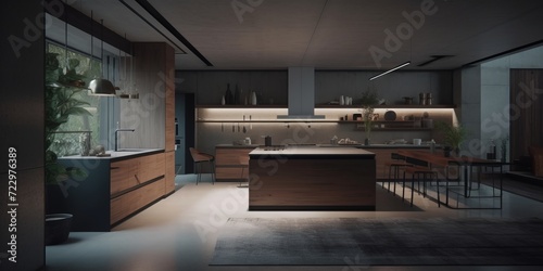 Minimalist style interior of kitchen in modern house.