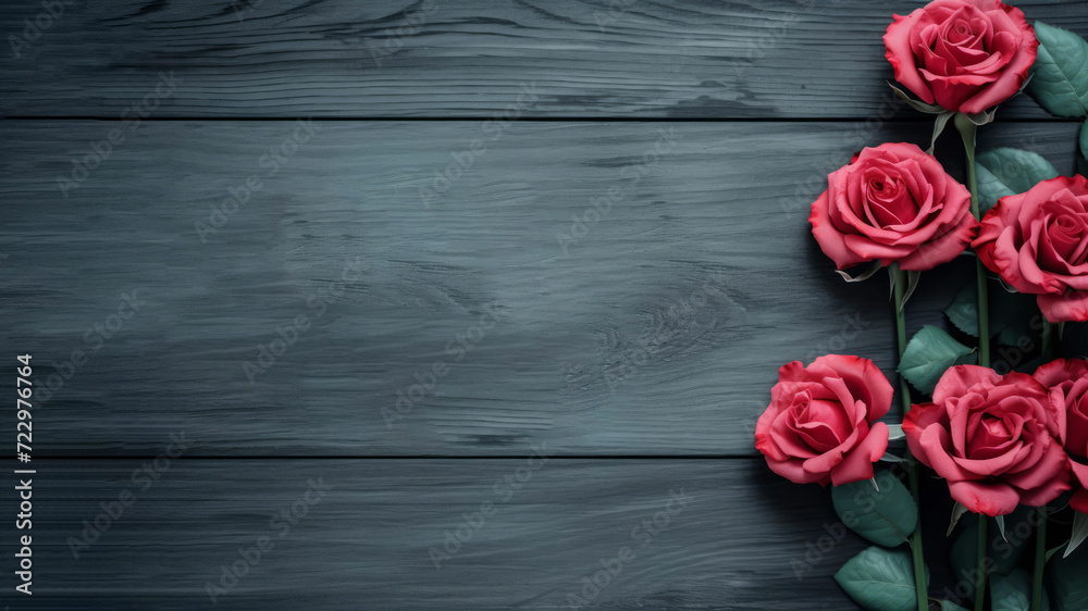 Red Roses ona wooden background. Romantic Anniversary Banner with Floral and Elegance flowers.