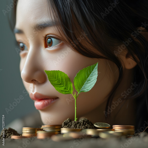 A young asian woman watching a plant growing from a pile of coins, symbolizing investment growth isolated on white background, simple style, png
 photo