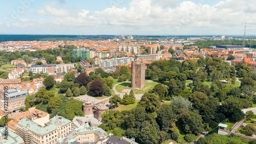 Helsingborg, Sweden. Karnan - Surviving 35-meter tower of a medieval castle. Summer day. Cloudy weather, Aerial View
