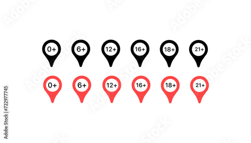 Location labels with minimum icon age. Silhouette and flat style. Vector icons