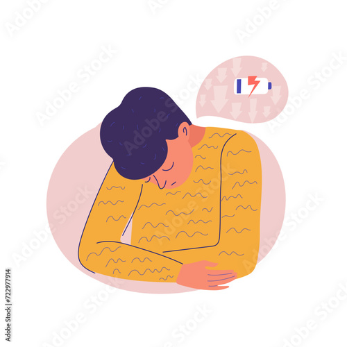 A person is shown sitting at a desk, with her head in her hands, displaying signs of distress or worry, loss of strength, dead battery