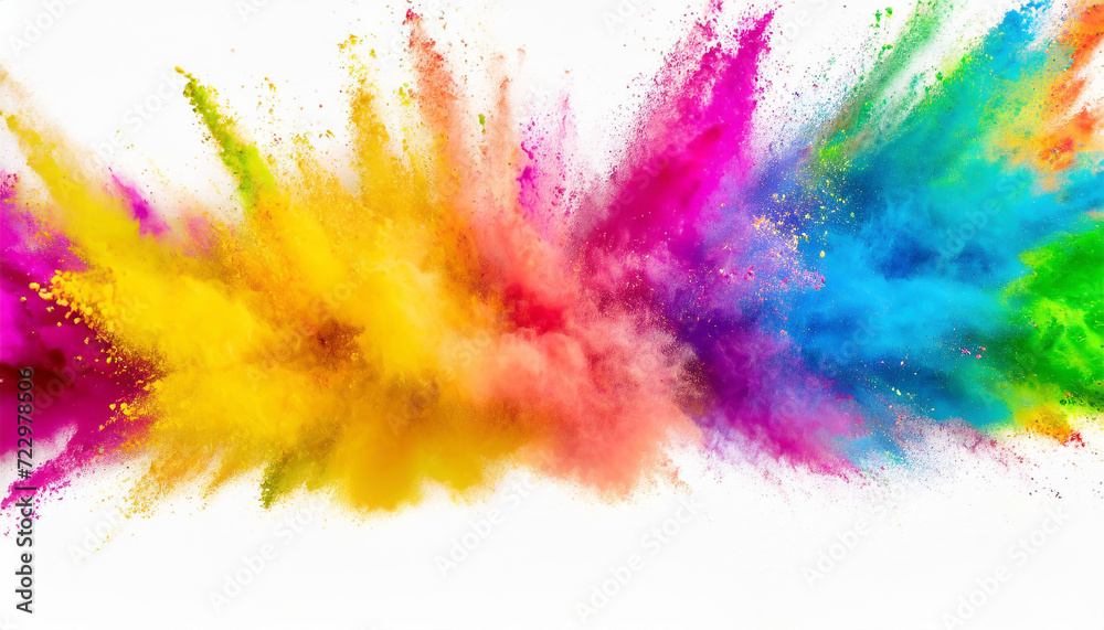 Colorful rainbow holi paint color powder explosion isolated on white wide panorama background