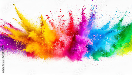 Colorful rainbow holi paint color powder explosion isolated on white wide panorama background photo