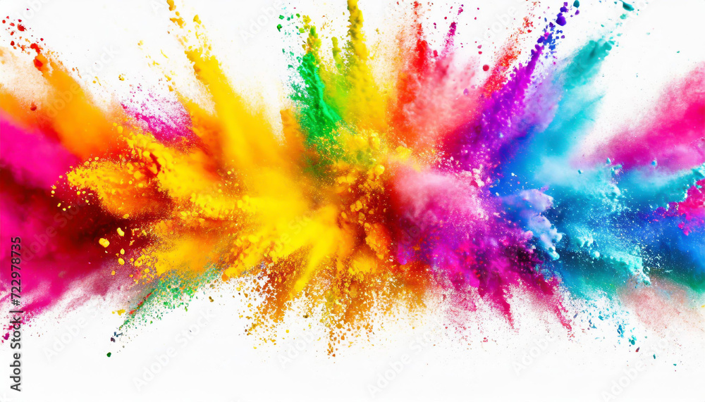 colorful rainbow holi paint color powder explosion isolated white wide panorama on white background - obrazy, fototapety, plakaty 