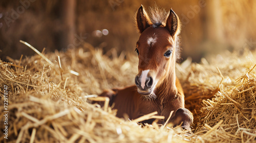 Little foal having a rest in the haystack in horse stable concept of education of animal care  photo