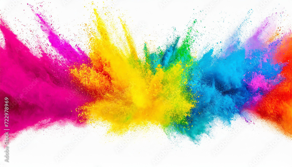 colorful rainbow holi paint color powder explosion isolated white wide panorama on white background