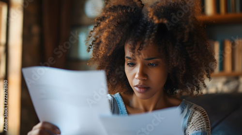 Une belle jeune femme afro, désespérée, allongée par terre entourée de nombreuses factures photo