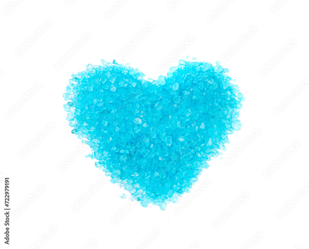 Blue Salt Crystals Heart Isolated, Love Symbol, Bath Salt for Spa Relax, Cupric Sulfate or Copper Sulfate