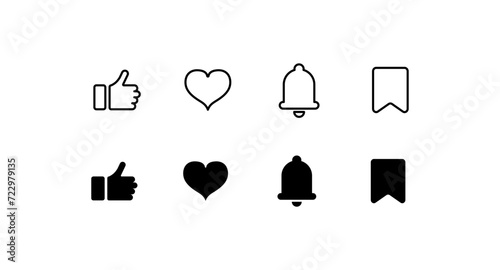 Social media icon set. Like, bell, pin buttons. Linear style. Vector icon