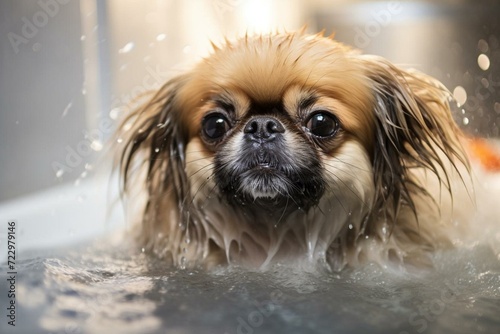 adorable pekingese wet in bath with suds. pet cleanliness. Generative AI photo