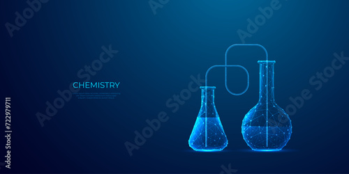 Chemistry equipment. Abstract laboratory beakers with glasses tube. Science or Education concept. Medical lab test tubes in polygonal wireframe style on technology background. Vector Illustration.