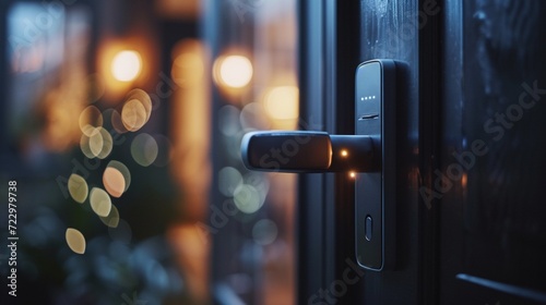 A smart door lock with a fingerprint sensor, illustrating the seamless integration of biometric authentication for enhanced home security.