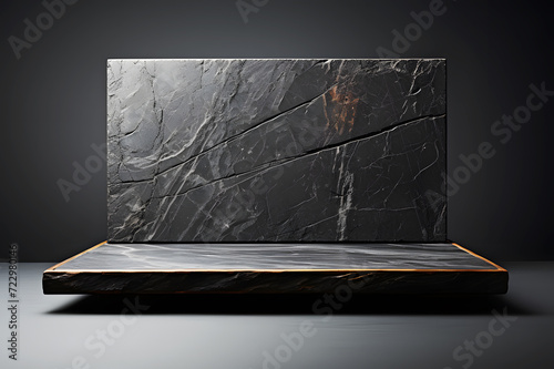 Empty dark black marble table top with dark black cement stone background. luxury background for product stand with empty copy space for party, promotion. Realistic clipart template pattern.	 photo