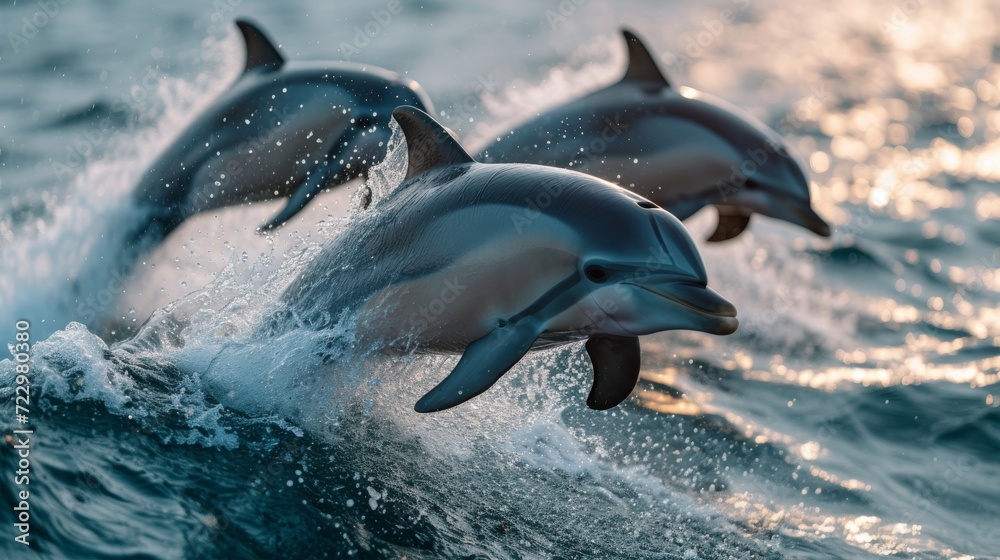 Fototapeta premium Graceful Dolphins Jumping: Energetic shot capturing dolphins leaping gracefully out of the water, evoking a sense of freedom.