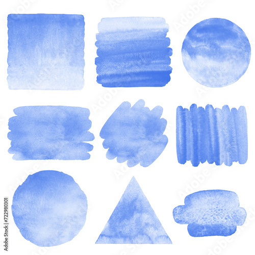 Blue watercolor backgrounds big set, water textures, banners collection. Round circle, gradient square, triangle, brush stroke with stains shapes. Creative text frames, graphic design elements