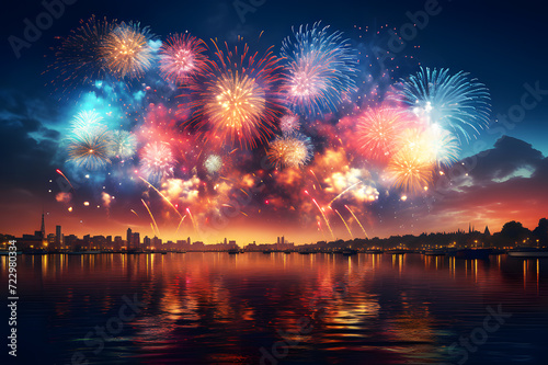 Light fireworks Riverside in new year night celebration party at city festival hotel Beautiful colors. Abstract colored firework background with free space for text. Realistic clipart template pattern