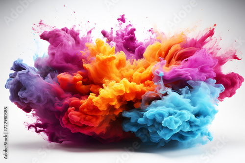 Background Abstract Textured. Explosion of colored powder yellow, pink, orange, white, blue, purple spread throughout area on white background. work of art. Realistic clipart template pattern.