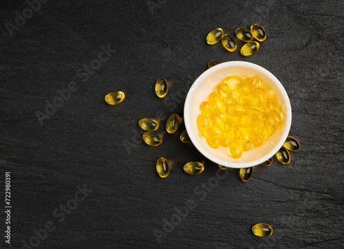 Yellow Capsule Pile, Omega 3 Fish Oil Capsules, Yellow Pills, Vitamin D Pill, Soft Golden Capsule Drugs
