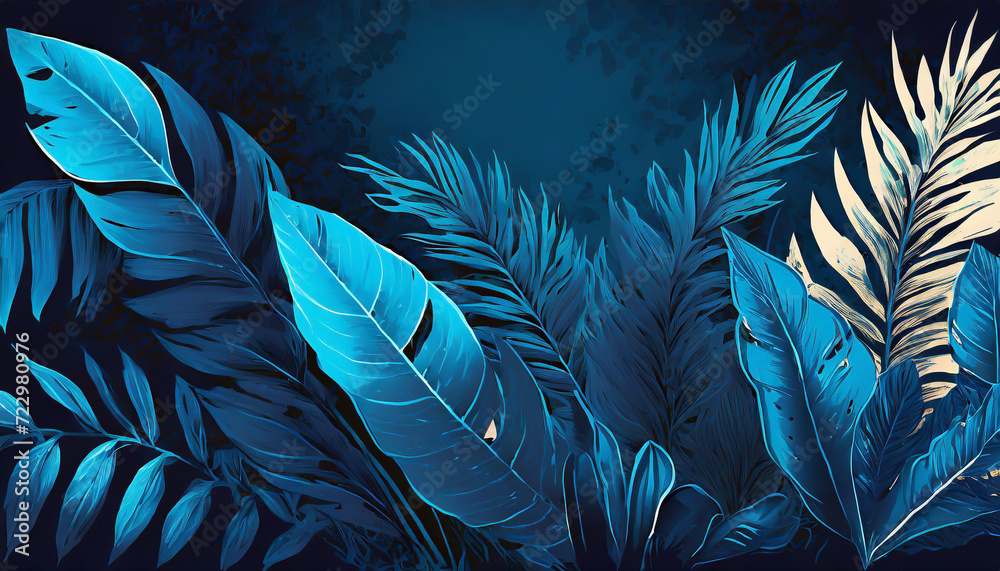 collection of tropical leaves foliage plant in blue color with space background collection of tropical leaves foliage plant in blue color with space background